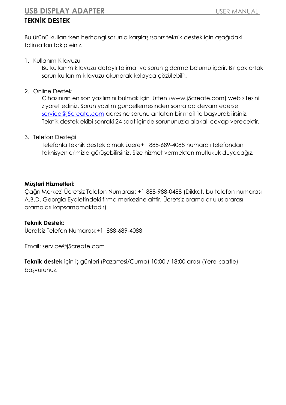 Teknik destek, Usb display adapter | j5 create JUA310 - USB 3.0 VGA Display Adapter User Manual | Page 410 / 413