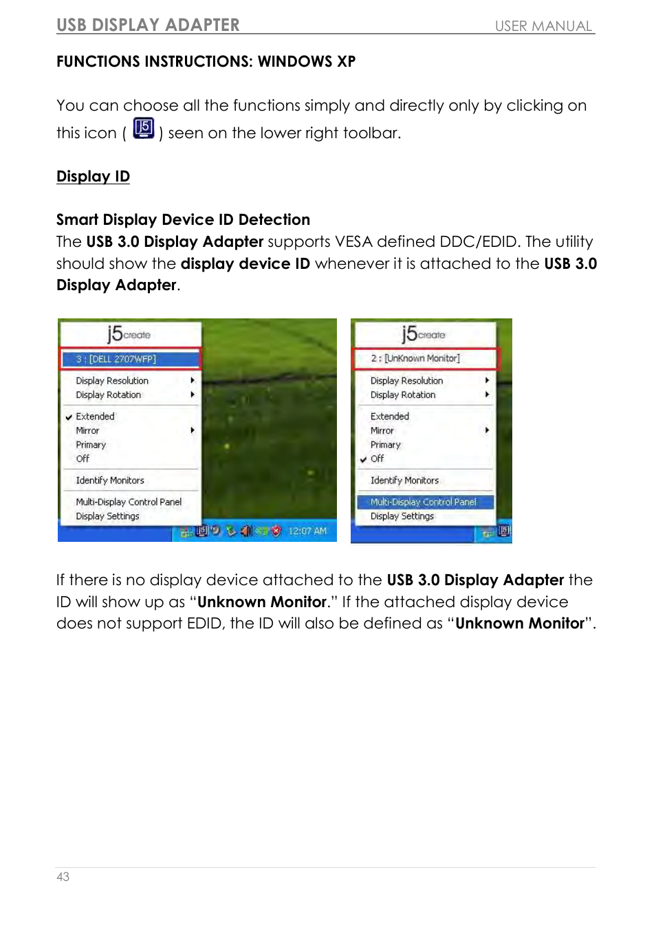 Functions instructions: windows xp, Usb display adapter | j5 create JUA310 - USB 3.0 VGA Display Adapter User Manual | Page 44 / 413