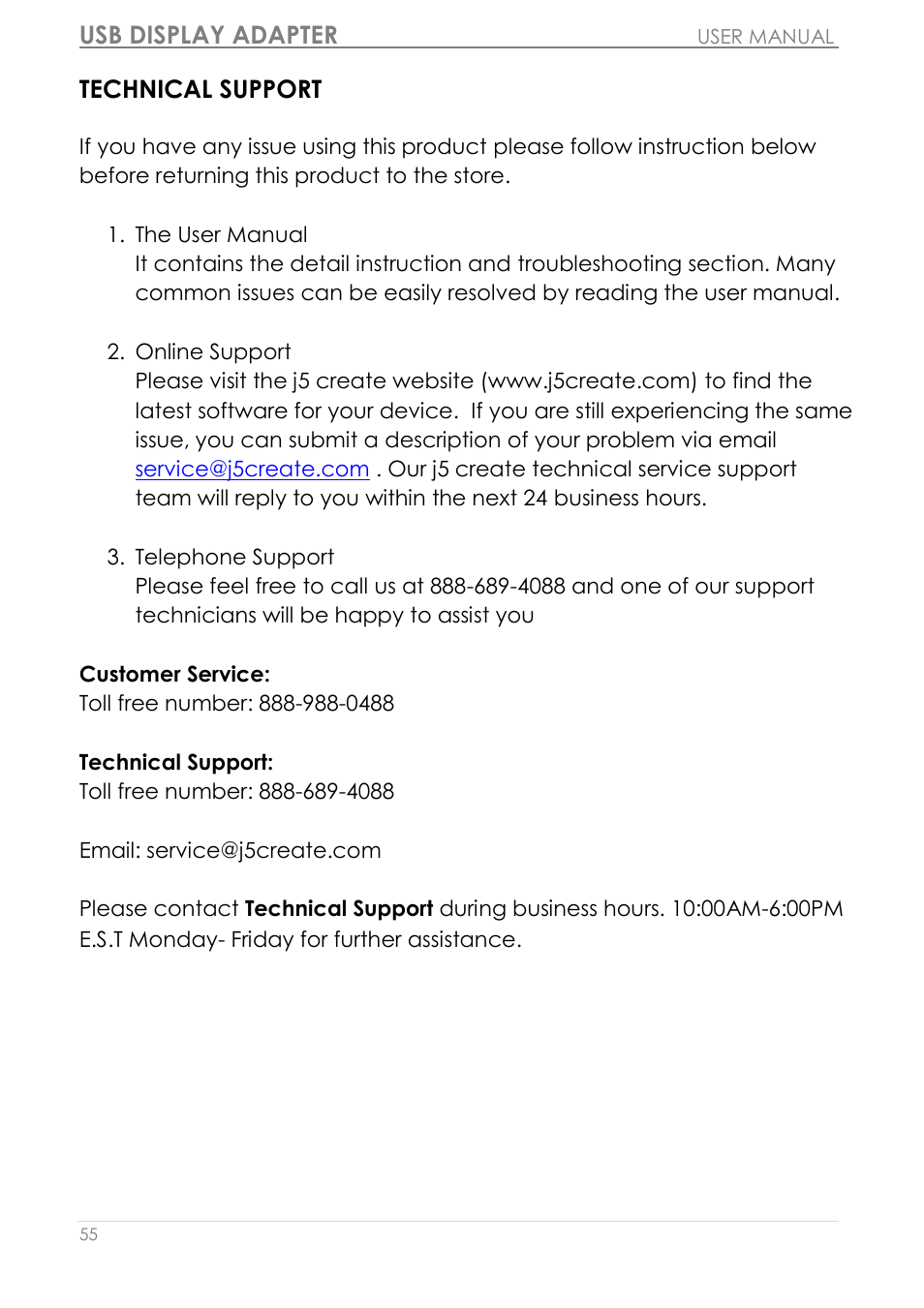 Technical support, Usb display adapter | j5 create JUA310 - USB 3.0 VGA Display Adapter User Manual | Page 56 / 413