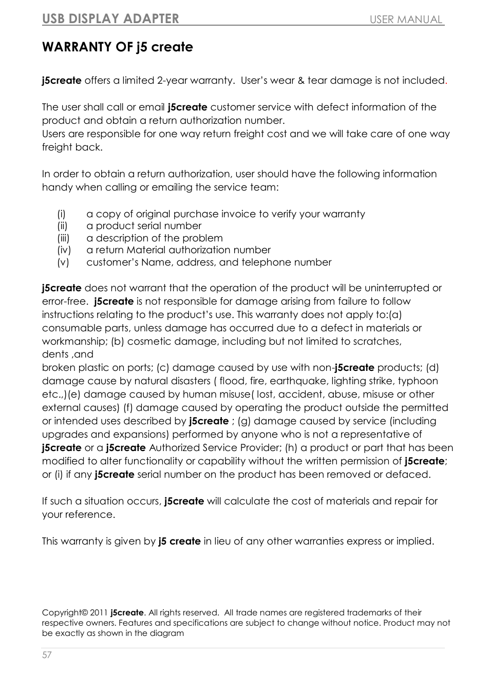 Warranty of j5 create, Usb display adapter | j5 create JUA310 - USB 3.0 VGA Display Adapter User Manual | Page 58 / 413