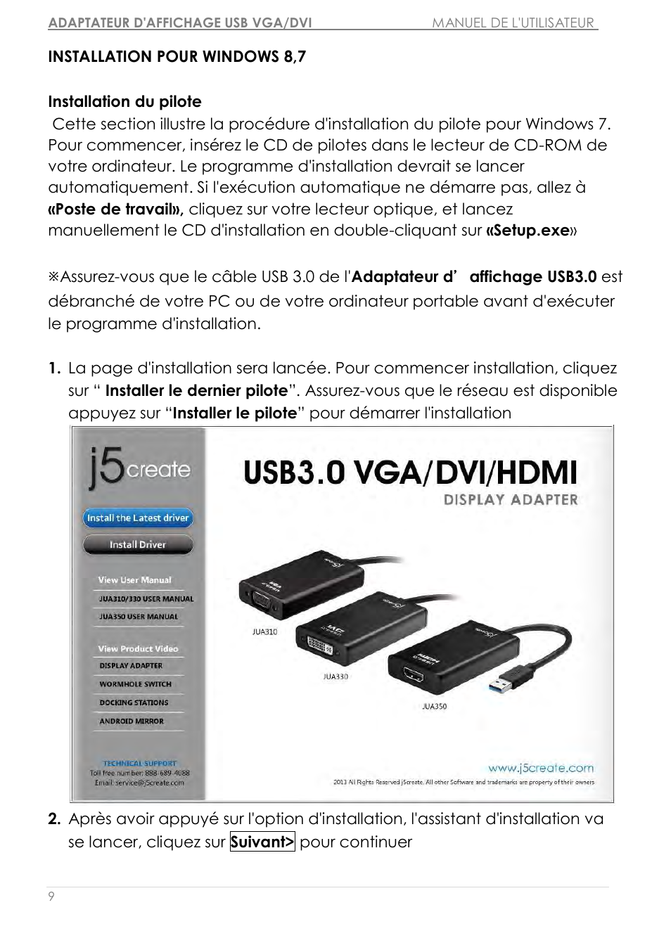 Installation pour windows 8,7 | j5 create JUA310 - USB 3.0 VGA Display Adapter User Manual | Page 68 / 413