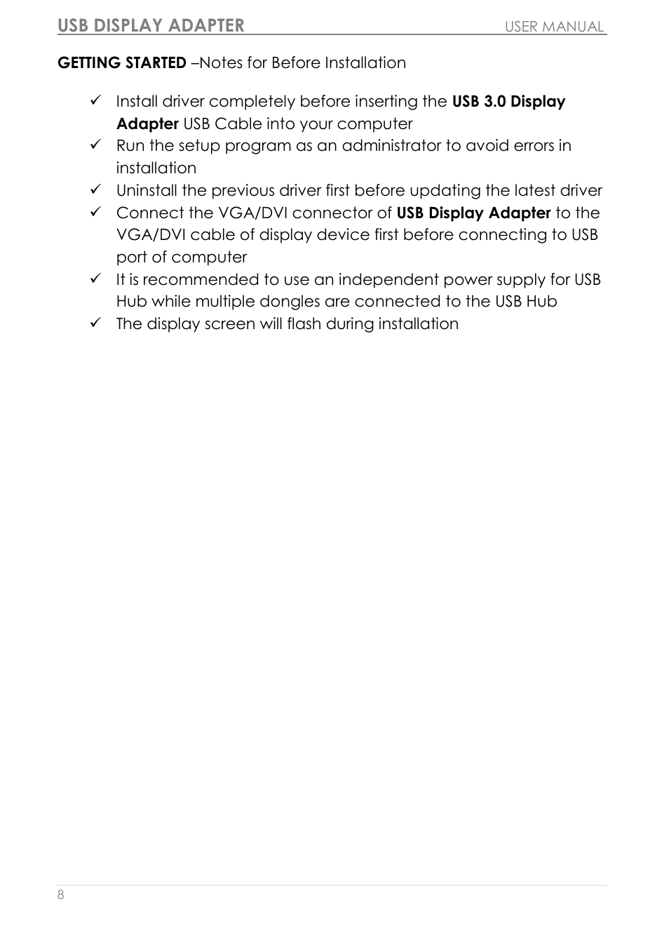Getting started –notes for before installation, Usb display adapter | j5 create JUA310 - USB 3.0 VGA Display Adapter User Manual | Page 9 / 413