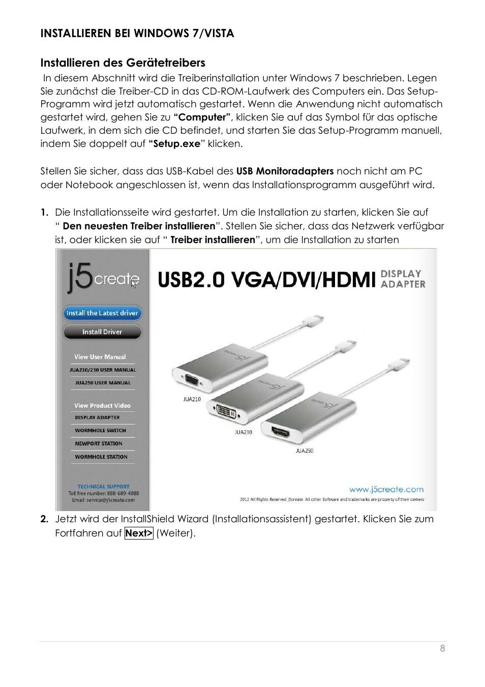 Installieren bei windows 7/vista, Installieren des gerä tetreibers | j5 create JUA250 - USB 2.0 HDMI Display Adapter User Manual | Page 139 / 497