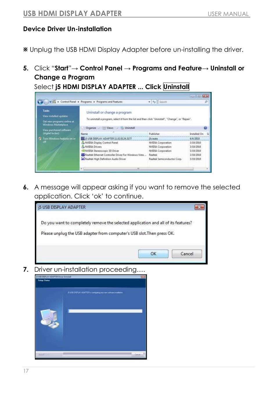 Device driver un-installation, Usb hdmi display adapter | j5 create JUA250 - USB 2.0 HDMI Display Adapter User Manual | Page 18 / 497