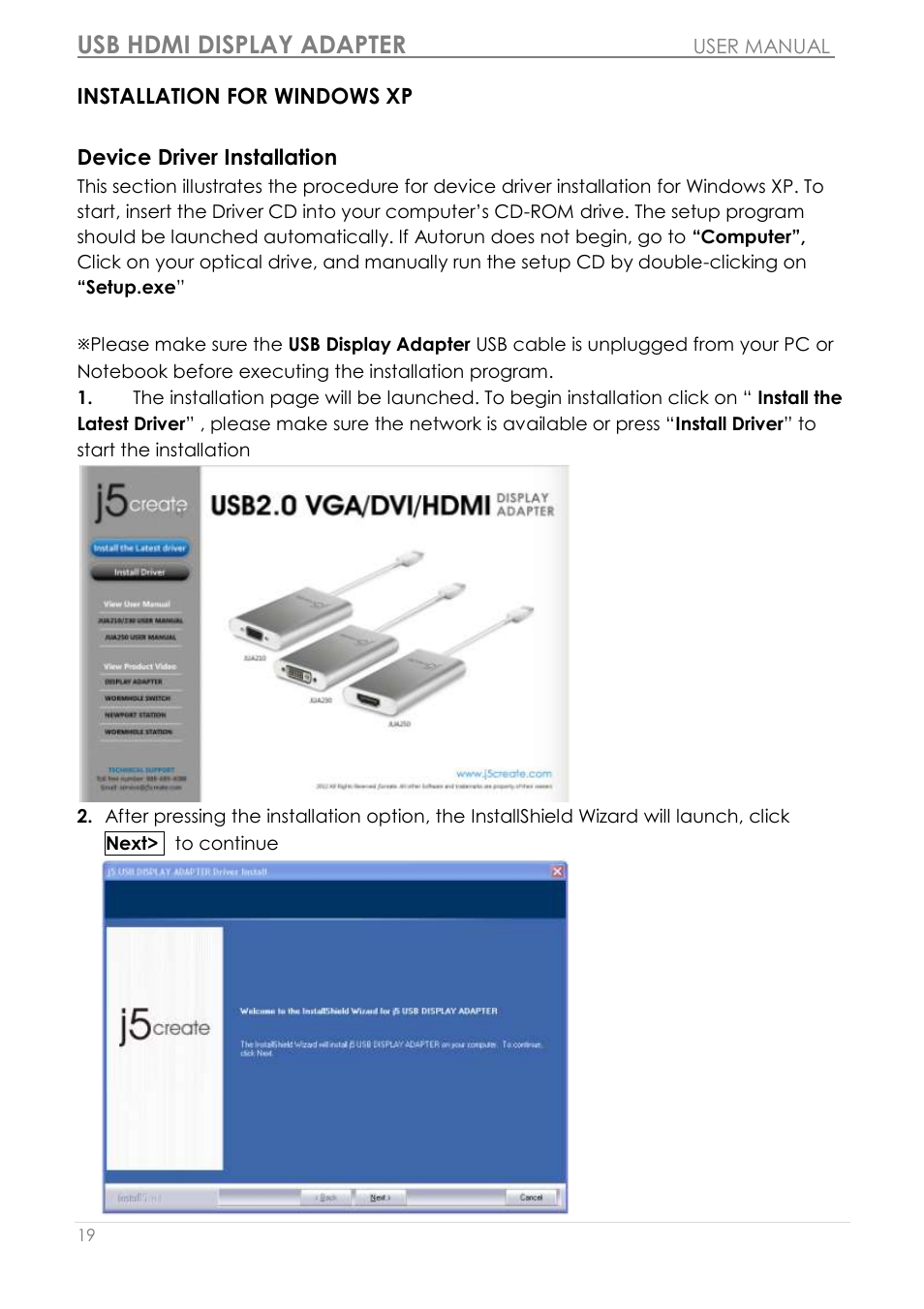 Installation for windows xp, Device driver installation, Usb hdmi display adapter | j5 create JUA250 - USB 2.0 HDMI Display Adapter User Manual | Page 20 / 497