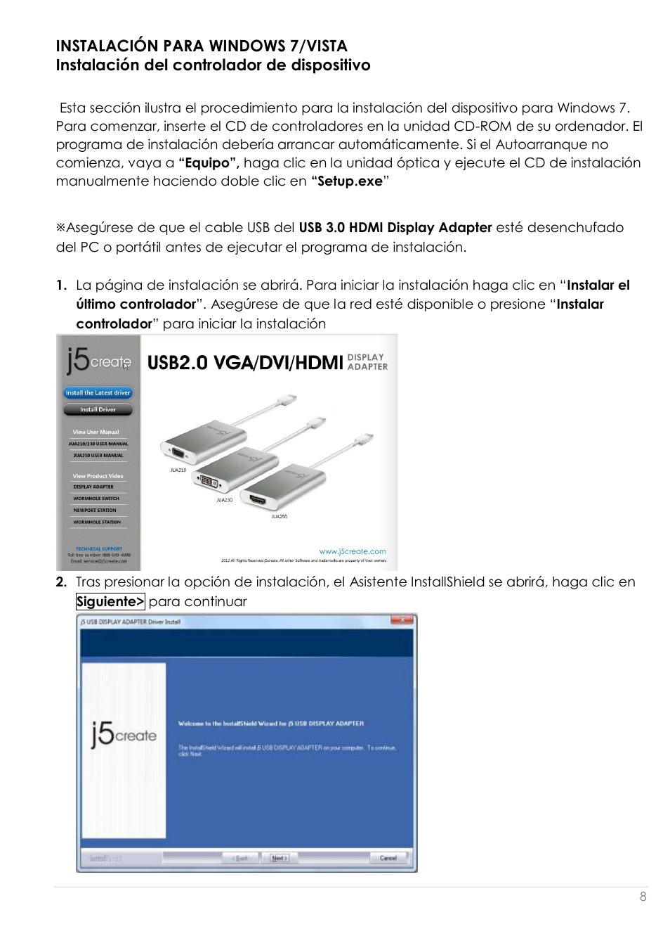 Instalació n para windows 7/vista, Instalació n del controlador de dispositivo | j5 create JUA250 - USB 2.0 HDMI Display Adapter User Manual | Page 206 / 497