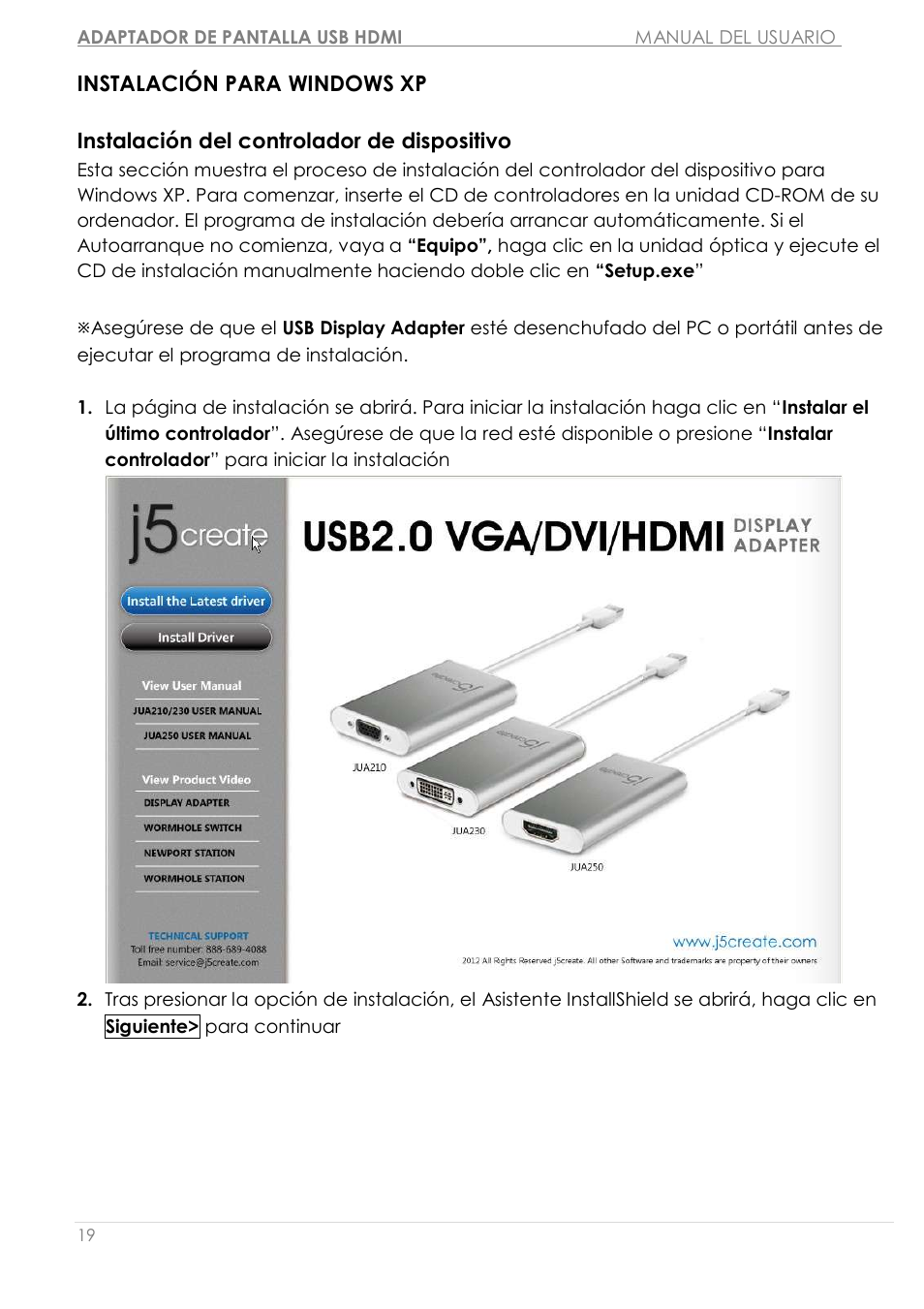 Instalació n para windows xp, Instalació n del controlador de dispositivo | j5 create JUA250 - USB 2.0 HDMI Display Adapter User Manual | Page 217 / 497
