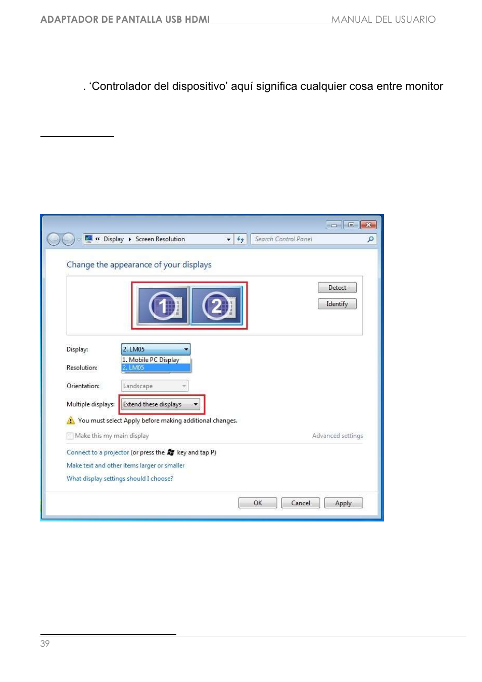 Instrucciones de las funciones: windows 7, Id de pantalla resolució n de la pantalla | j5 create JUA250 - USB 2.0 HDMI Display Adapter User Manual | Page 237 / 497