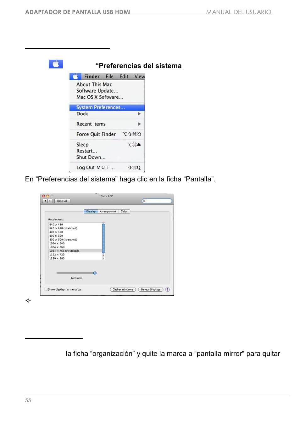 Instrucciones de las funciones: mac snow leopard, Resolució n de la pantalla modo de pantalla | j5 create JUA250 - USB 2.0 HDMI Display Adapter User Manual | Page 253 / 497