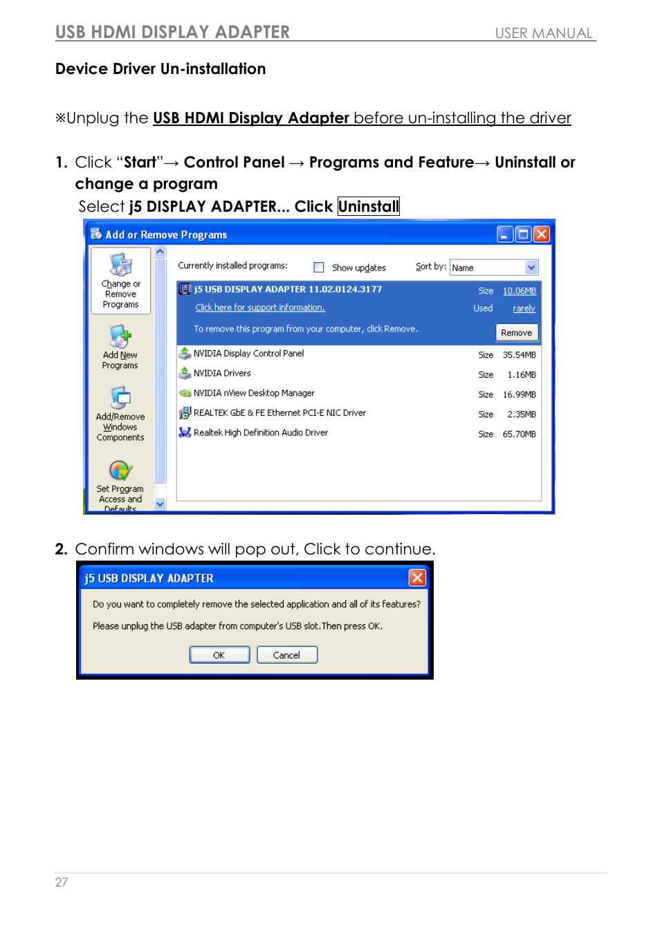 Device driver un-installation, Usb hdmi display adapter | j5 create JUA250 - USB 2.0 HDMI Display Adapter User Manual | Page 28 / 497