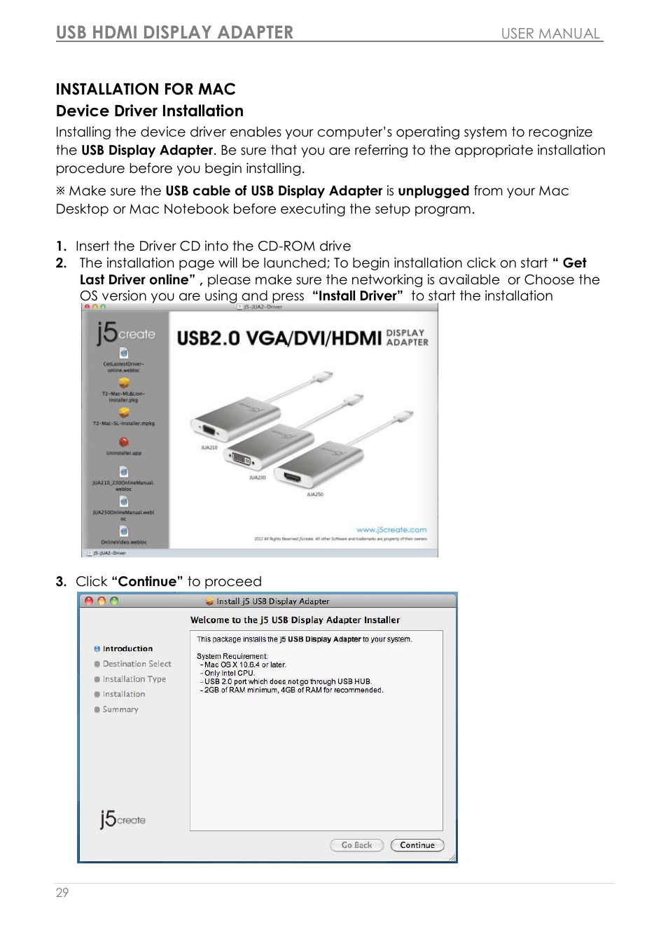 Installation for mac, Device driver installation, Usb hdmi display adapter | j5 create JUA250 - USB 2.0 HDMI Display Adapter User Manual | Page 30 / 497