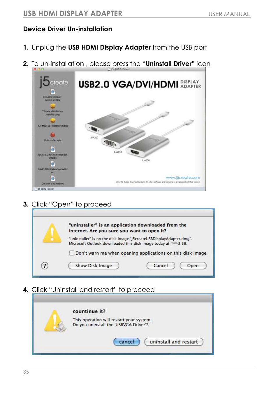 Device driver un-installation, Usb hdmi display adapter | j5 create JUA250 - USB 2.0 HDMI Display Adapter User Manual | Page 36 / 497