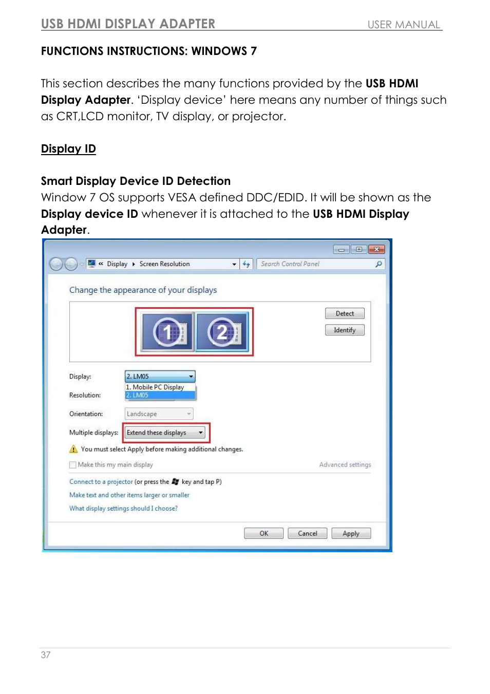Functions instructions: windows 7, Display id, Usb hdmi display adapter | j5 create JUA250 - USB 2.0 HDMI Display Adapter User Manual | Page 38 / 497