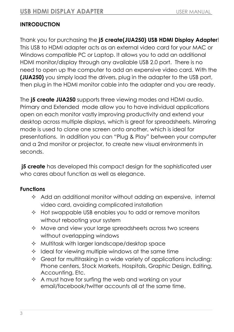 Introduction, Functions, Usb hdmi display adapter | j5 create JUA250 - USB 2.0 HDMI Display Adapter User Manual | Page 4 / 497