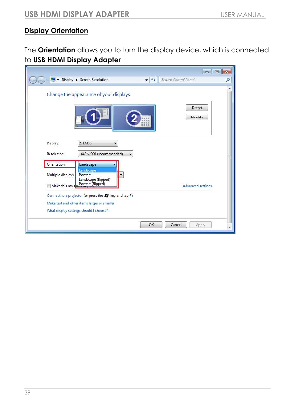 Display orientation, Usb hdmi display adapter | j5 create JUA250 - USB 2.0 HDMI Display Adapter User Manual | Page 40 / 497