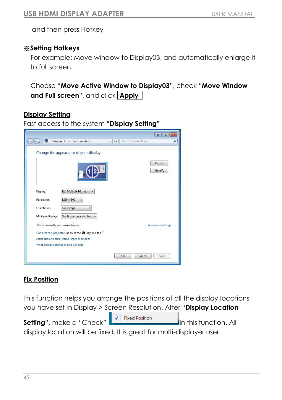 Display setting fix position, Usb hdmi display adapter | j5 create JUA250 - USB 2.0 HDMI Display Adapter User Manual | Page 46 / 497