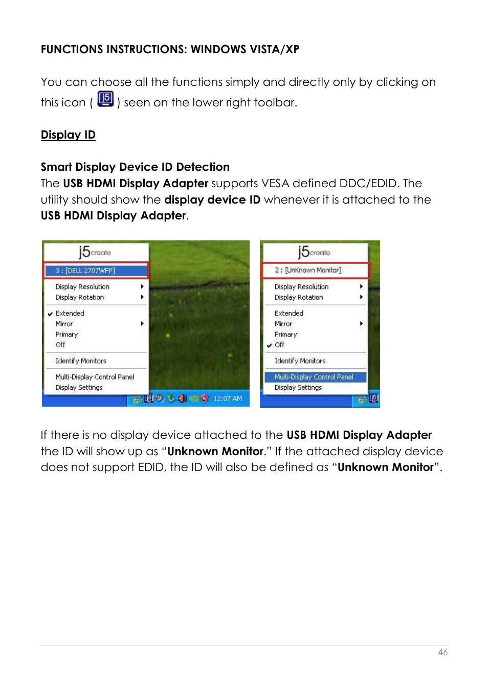Functions instructions: windows vista/xp, Display id | j5 create JUA250 - USB 2.0 HDMI Display Adapter User Manual | Page 47 / 497