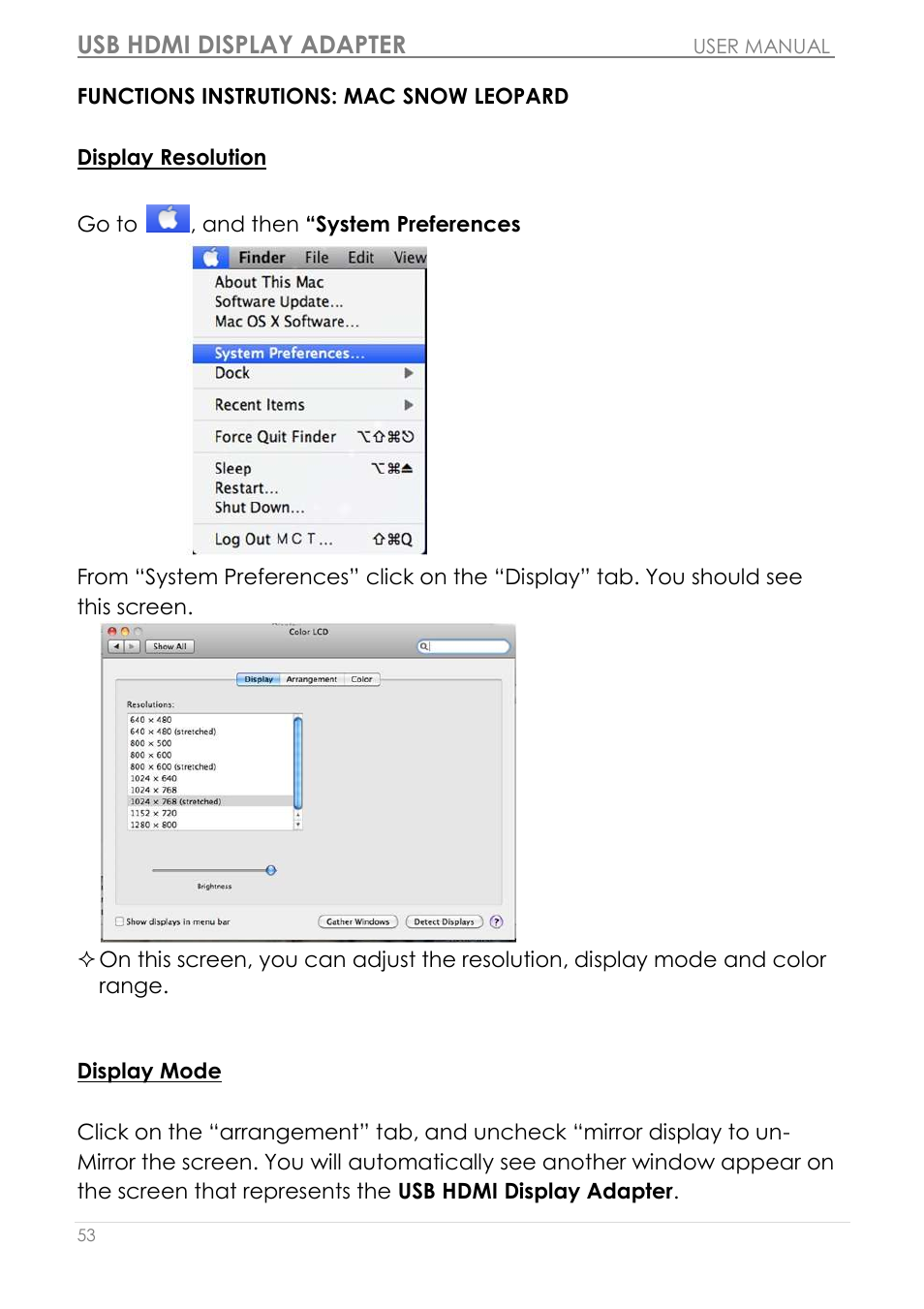 Functions instrutions: mac snow leopard, Display resolution display mode, Usb hdmi display adapter | j5 create JUA250 - USB 2.0 HDMI Display Adapter User Manual | Page 54 / 497
