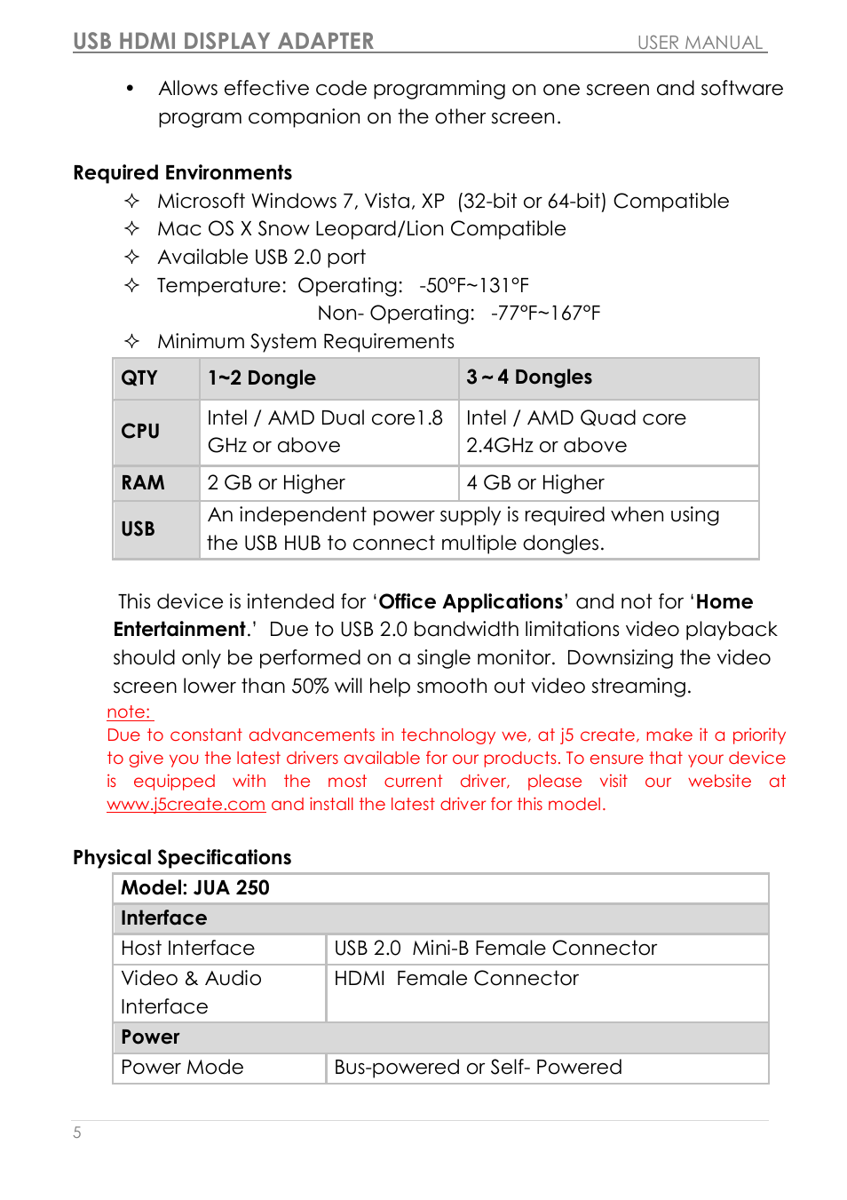 Required environments physical specifications, Usb hdmi display adapter | j5 create JUA250 - USB 2.0 HDMI Display Adapter User Manual | Page 6 / 497