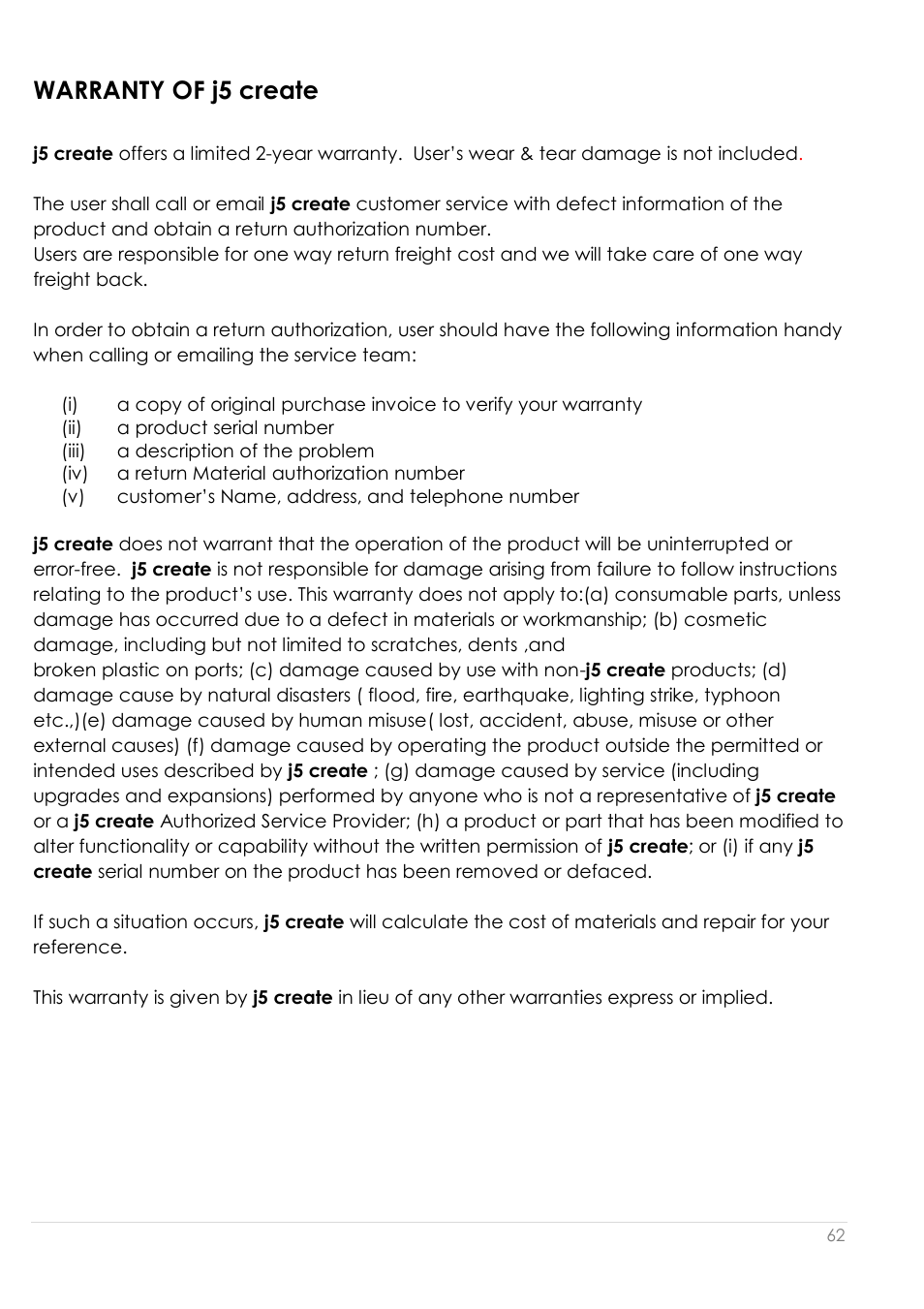 Warranty of j5 create | j5 create JUA250 - USB 2.0 HDMI Display Adapter User Manual | Page 63 / 497