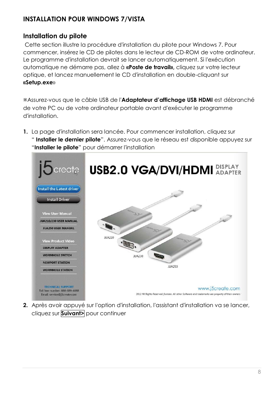 Installation pour windows 7/vista, Installation du pilote | j5 create JUA250 - USB 2.0 HDMI Display Adapter User Manual | Page 72 / 497