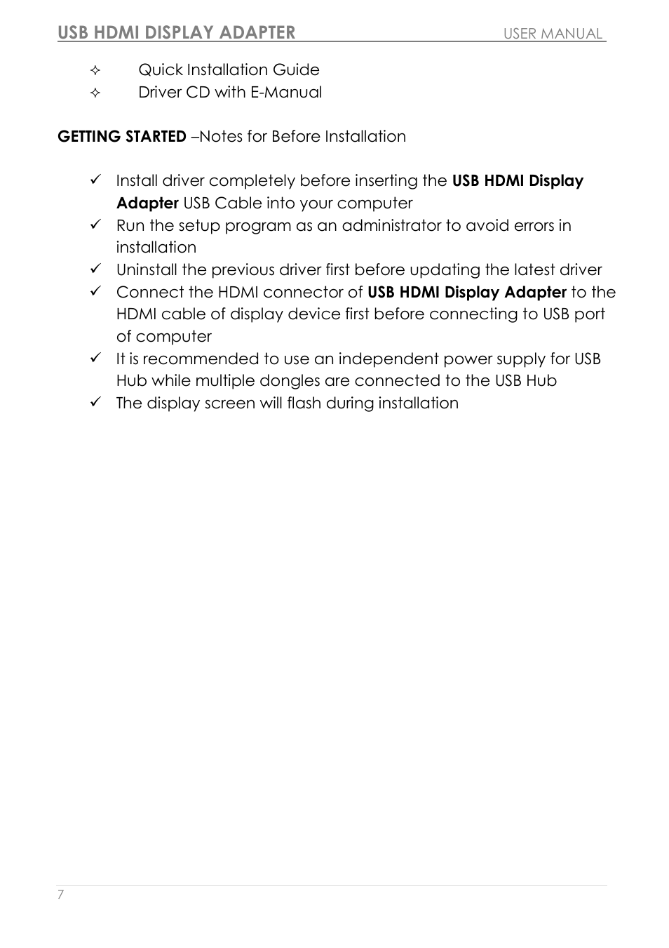 Getting started –notes for before installation, Usb hdmi display adapter | j5 create JUA250 - USB 2.0 HDMI Display Adapter User Manual | Page 8 / 497