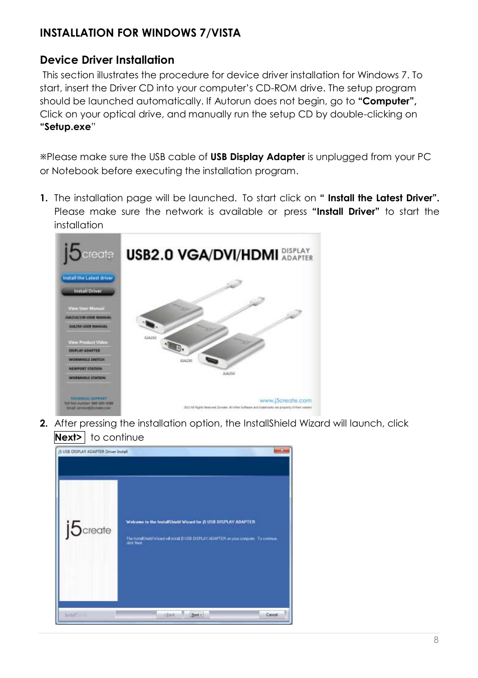 Installation for windows 7/vista, Device driver installation | j5 create JUA250 - USB 2.0 HDMI Display Adapter User Manual | Page 9 / 497