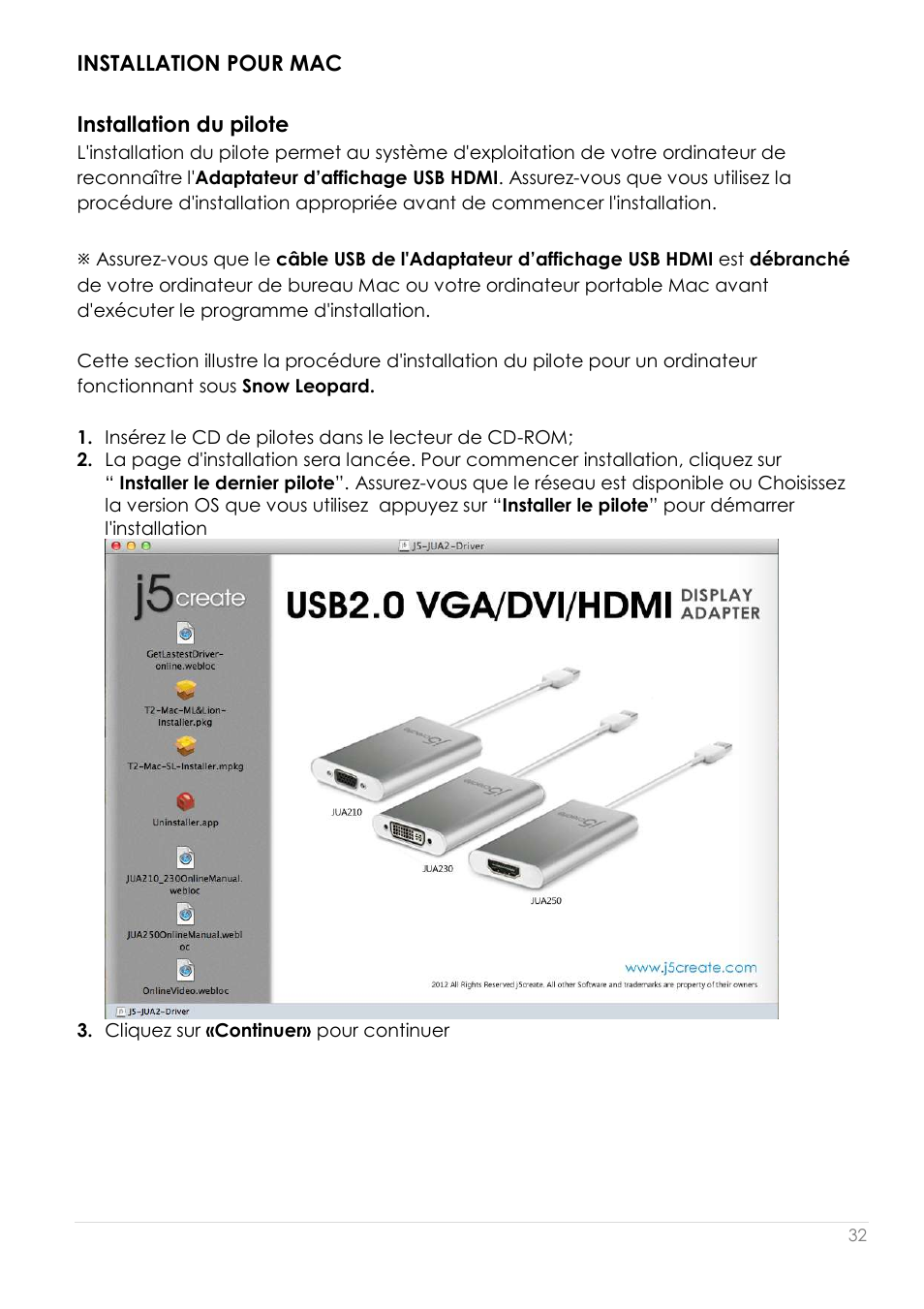 Installation pour mac, Installation du pilote | j5 create JUA250 - USB 2.0 HDMI Display Adapter User Manual | Page 96 / 497