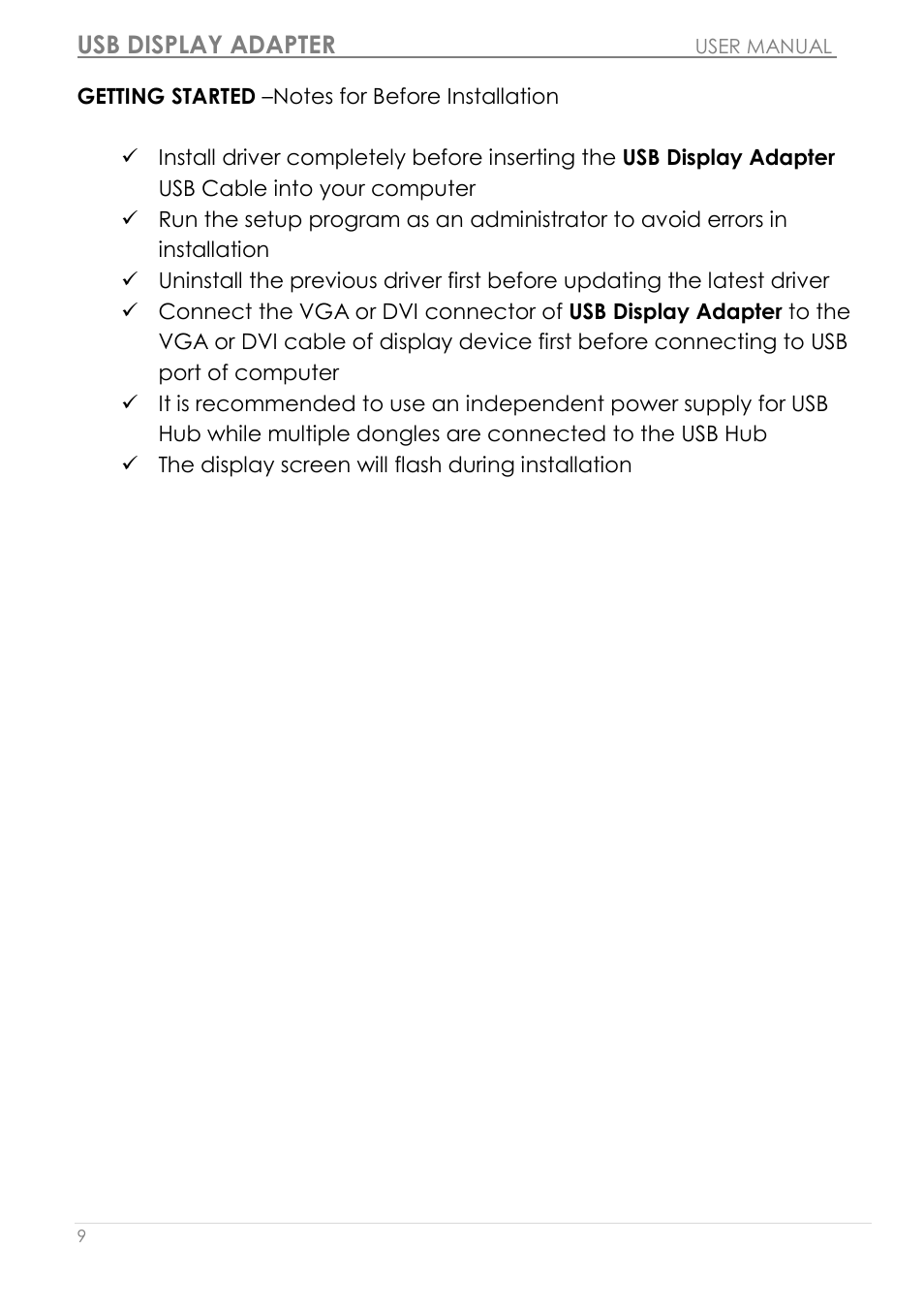 Getting started –notes for before installation, Usb display adapter | j5 create JUA210 - USB 2.0 VGA Display Adapter User Manual | Page 10 / 444