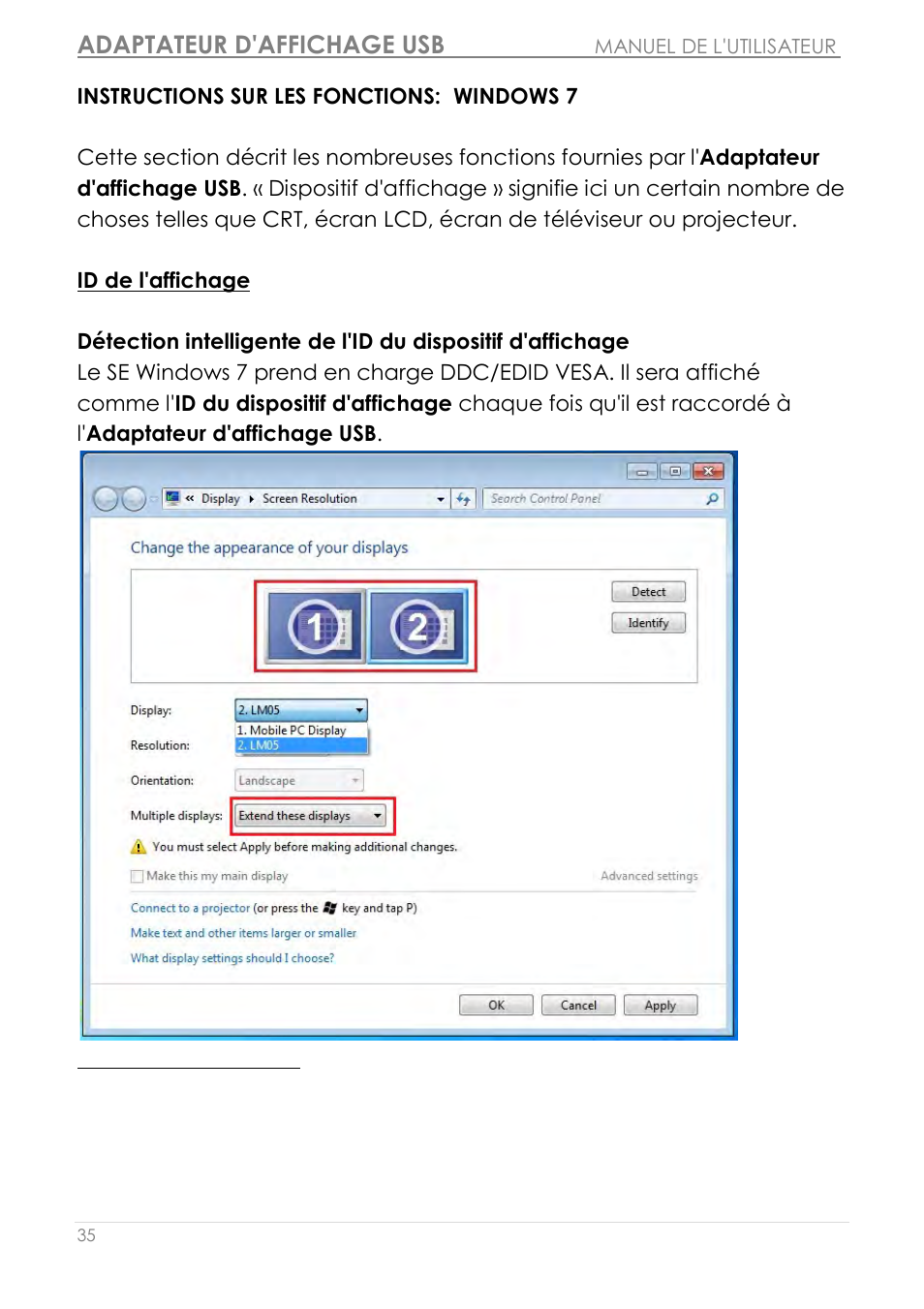 Instructions sur les fonctions: windows 7, Id de l'affichage, Adaptateur d'affichage usb | j5 create JUA210 - USB 2.0 VGA Display Adapter User Manual | Page 100 / 444