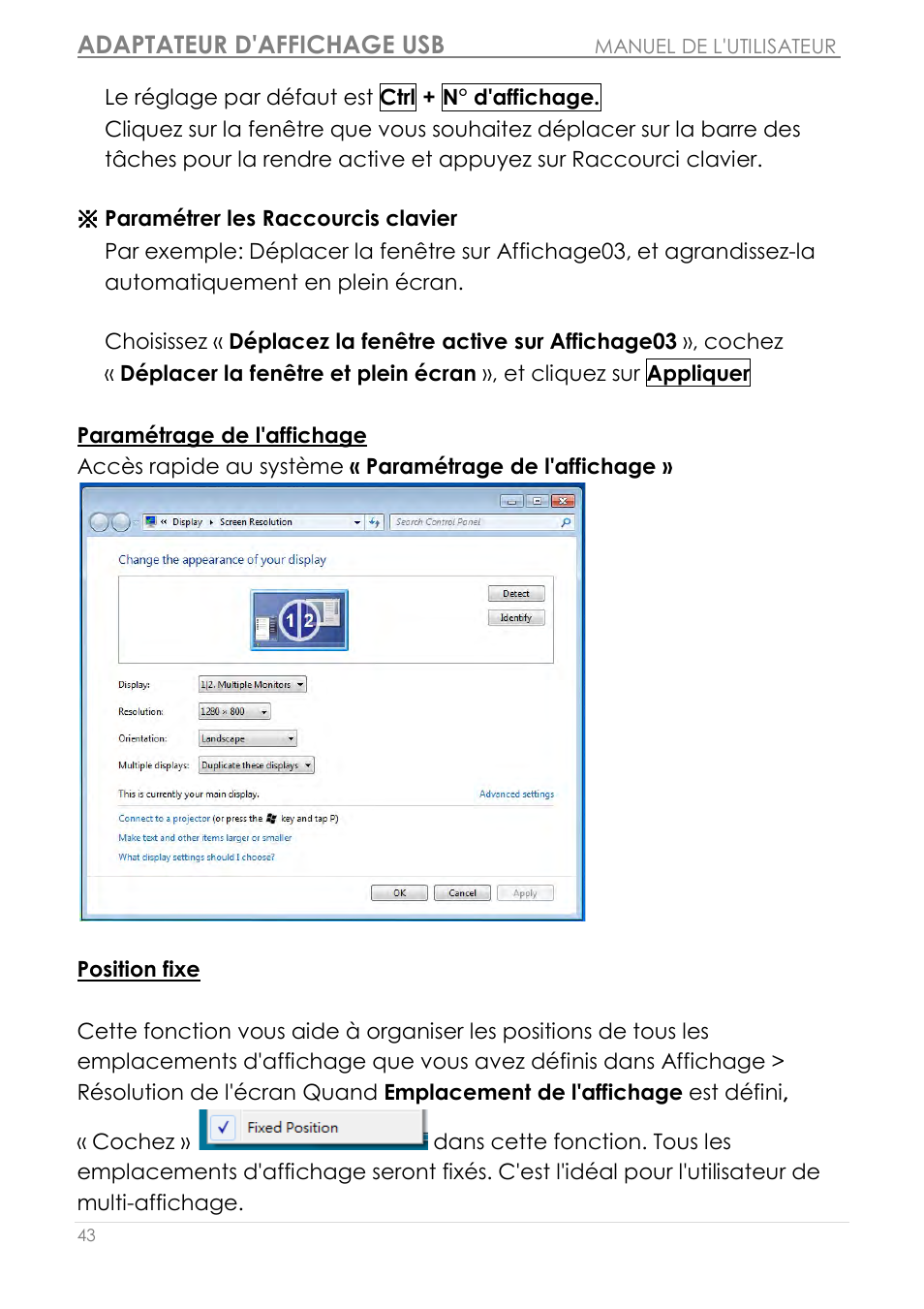 Paramétrage de l'affichage, Position fixe, Adaptateur d'affichage usb | j5 create JUA210 - USB 2.0 VGA Display Adapter User Manual | Page 108 / 444