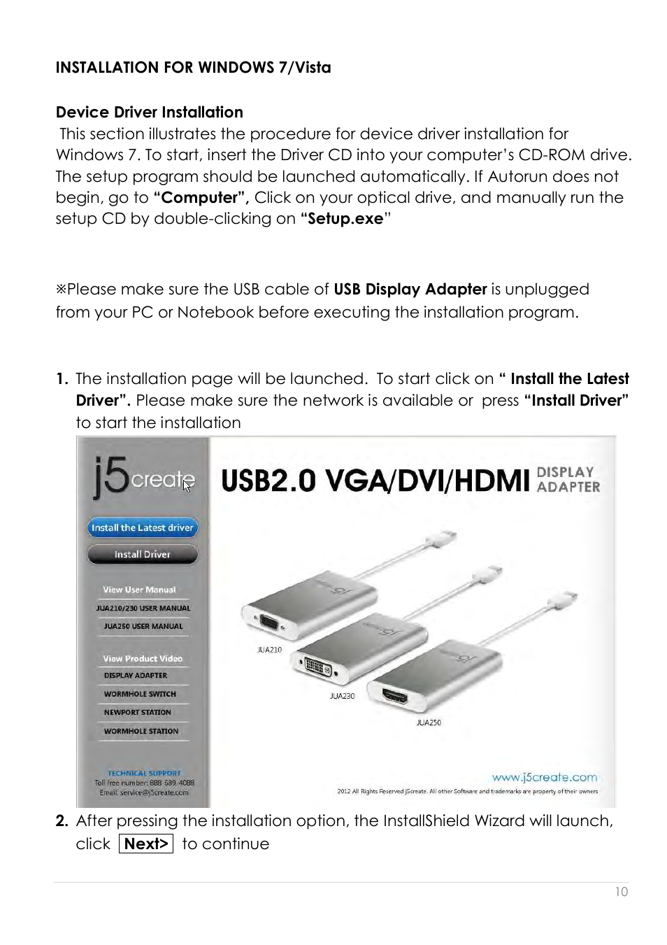 Installation for windows 7/vista, Device driver installation | j5 create JUA210 - USB 2.0 VGA Display Adapter User Manual | Page 11 / 444