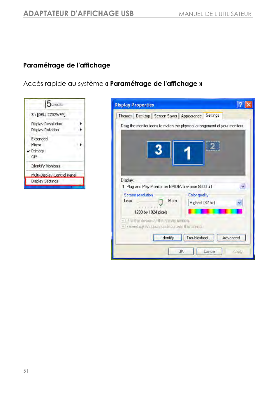 Paramétrage de l'affichage, Adaptateur d'affichage usb | j5 create JUA210 - USB 2.0 VGA Display Adapter User Manual | Page 116 / 444