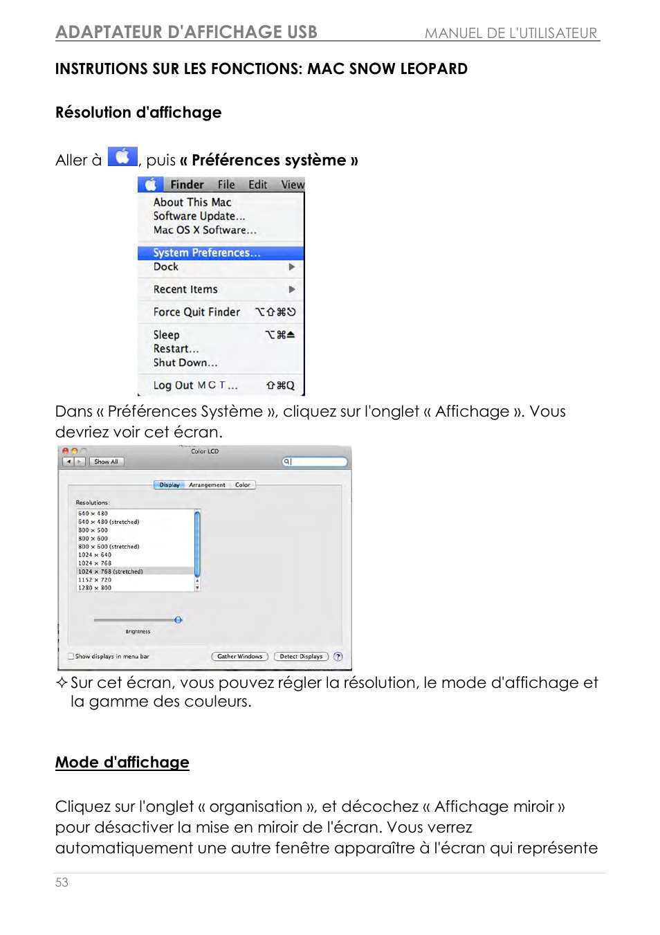 Instrutions sur les fonctions: mac snow leopard, Résolution d'affichage, Mode d'affichage | Adaptateur d'affichage usb | j5 create JUA210 - USB 2.0 VGA Display Adapter User Manual | Page 118 / 444