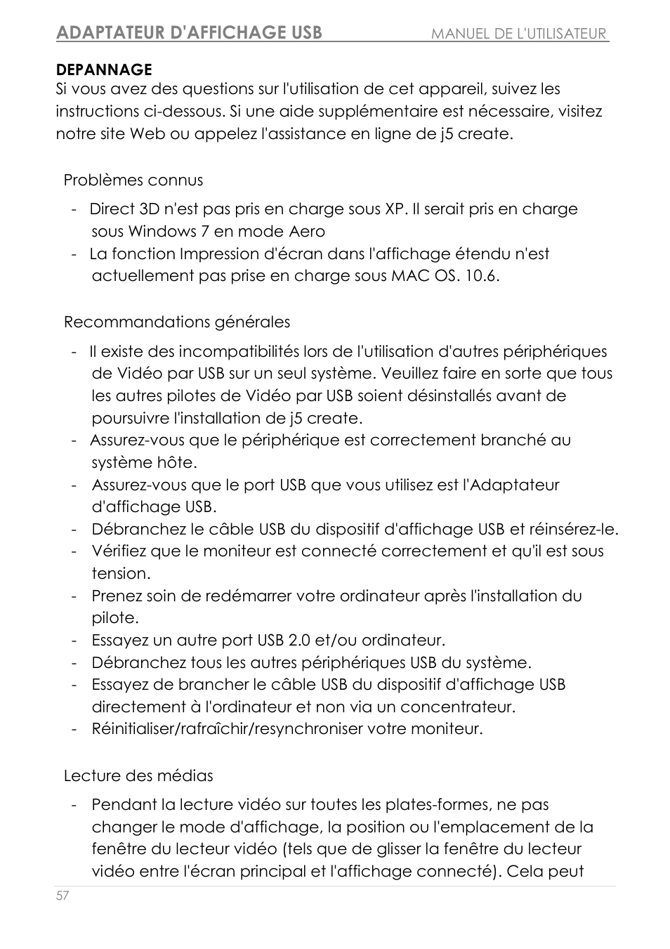 Problèmes connus, Recommandations générales, Lecture des médias | Adaptateur d'affichage usb | j5 create JUA210 - USB 2.0 VGA Display Adapter User Manual | Page 122 / 444