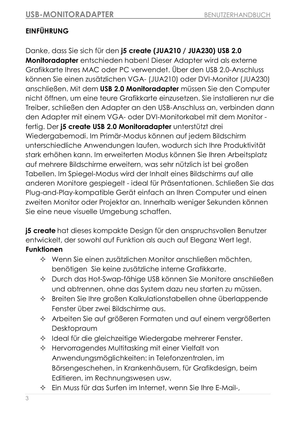 Einführung, Funktionen, Usb-monitoradapter | j5 create JUA210 - USB 2.0 VGA Display Adapter User Manual | Page 130 / 444