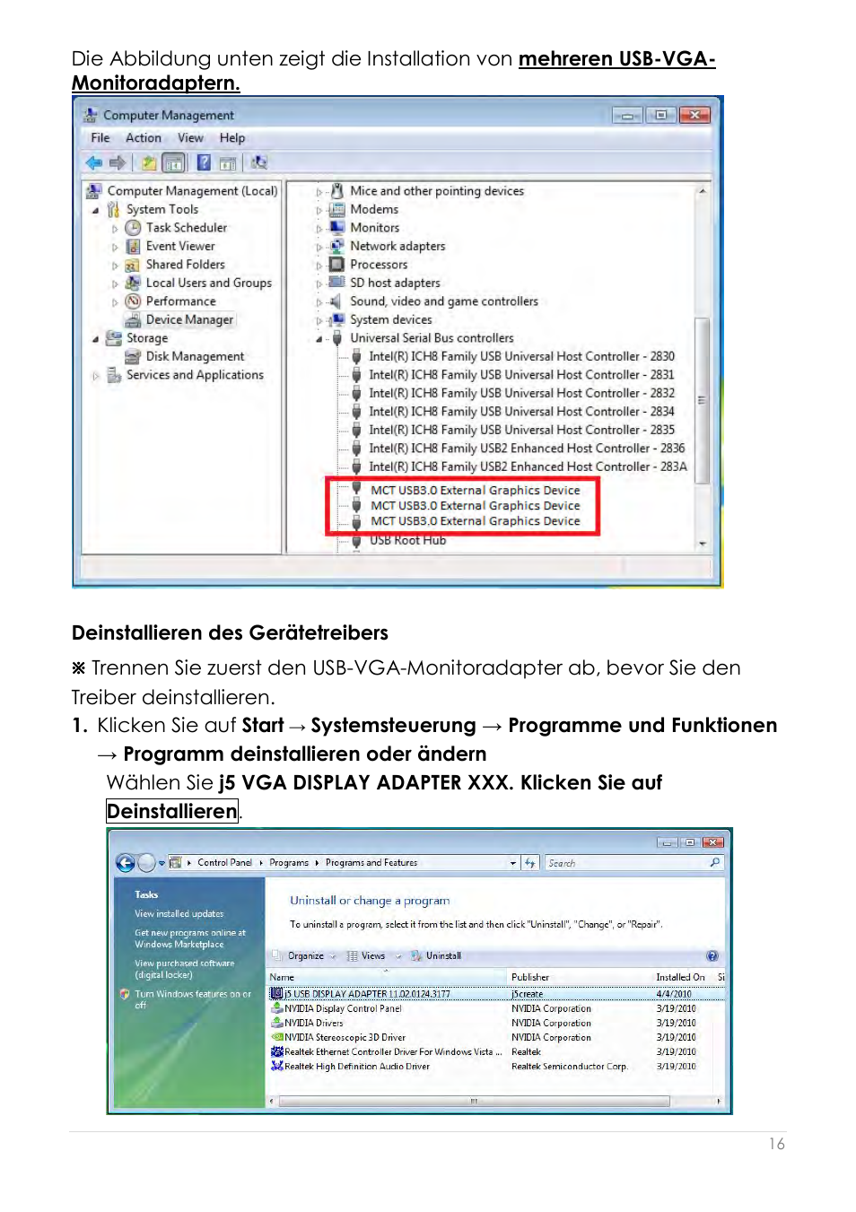 Deinstallieren des gerätetreibers | j5 create JUA210 - USB 2.0 VGA Display Adapter User Manual | Page 143 / 444