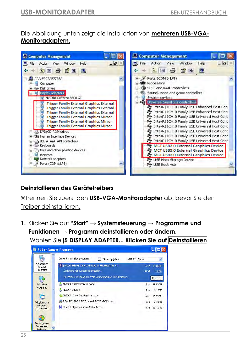 Deinstallieren des gerätetreibers, Usb-monitoradapter | j5 create JUA210 - USB 2.0 VGA Display Adapter User Manual | Page 152 / 444