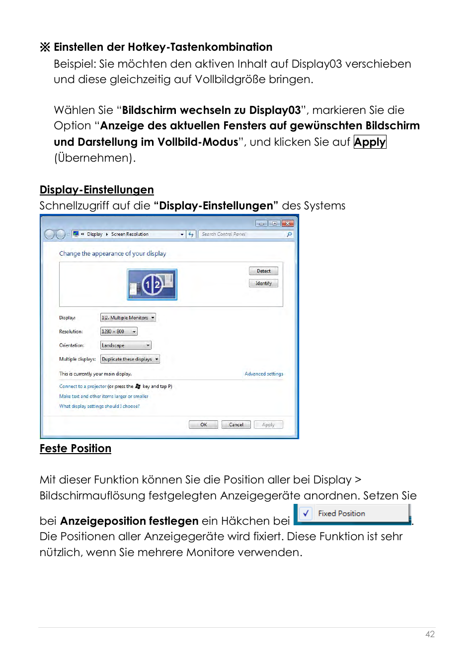Display-einstellungen, Feste position | j5 create JUA210 - USB 2.0 VGA Display Adapter User Manual | Page 169 / 444
