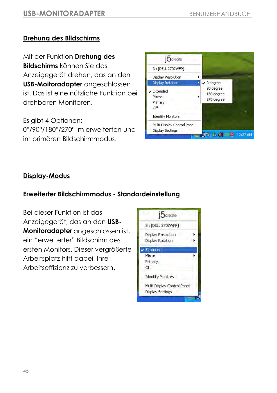 Drehung des bildschirms, Display-modus, Usb-monitoradapter | j5 create JUA210 - USB 2.0 VGA Display Adapter User Manual | Page 172 / 444
