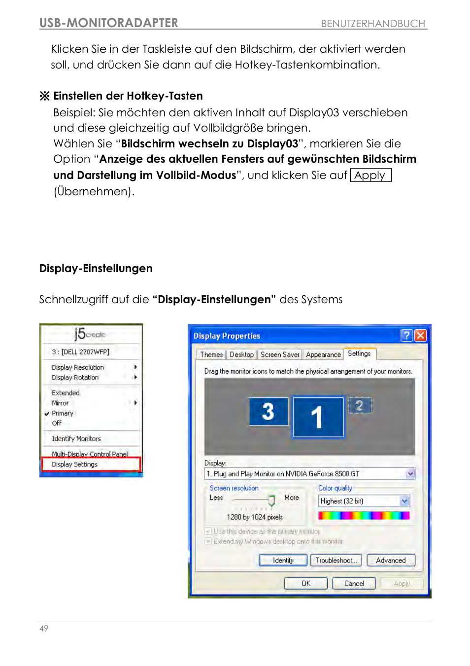 Display-einstellungen, Usb-monitoradapter | j5 create JUA210 - USB 2.0 VGA Display Adapter User Manual | Page 176 / 444