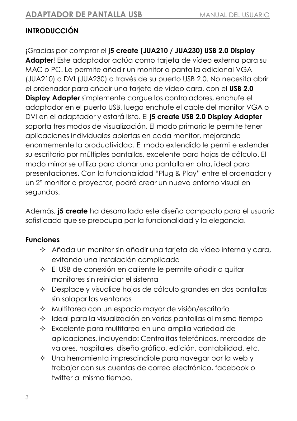 Introducción, Funciones, Adaptador de pantalla usb | j5 create JUA210 - USB 2.0 VGA Display Adapter User Manual | Page 190 / 444