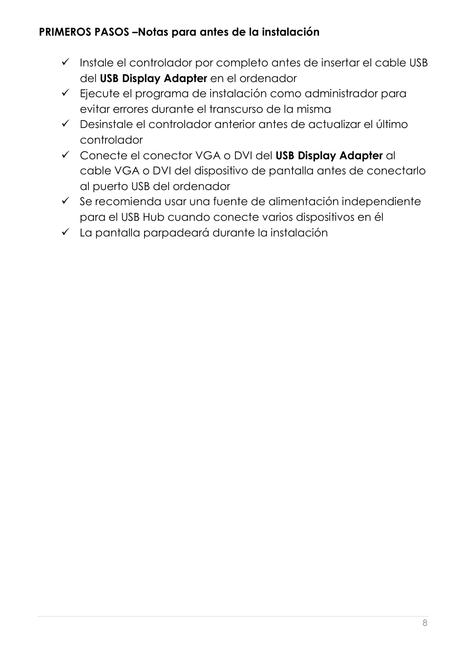 Primeros pasos –notas para antes de la instalación | j5 create JUA210 - USB 2.0 VGA Display Adapter User Manual | Page 195 / 444