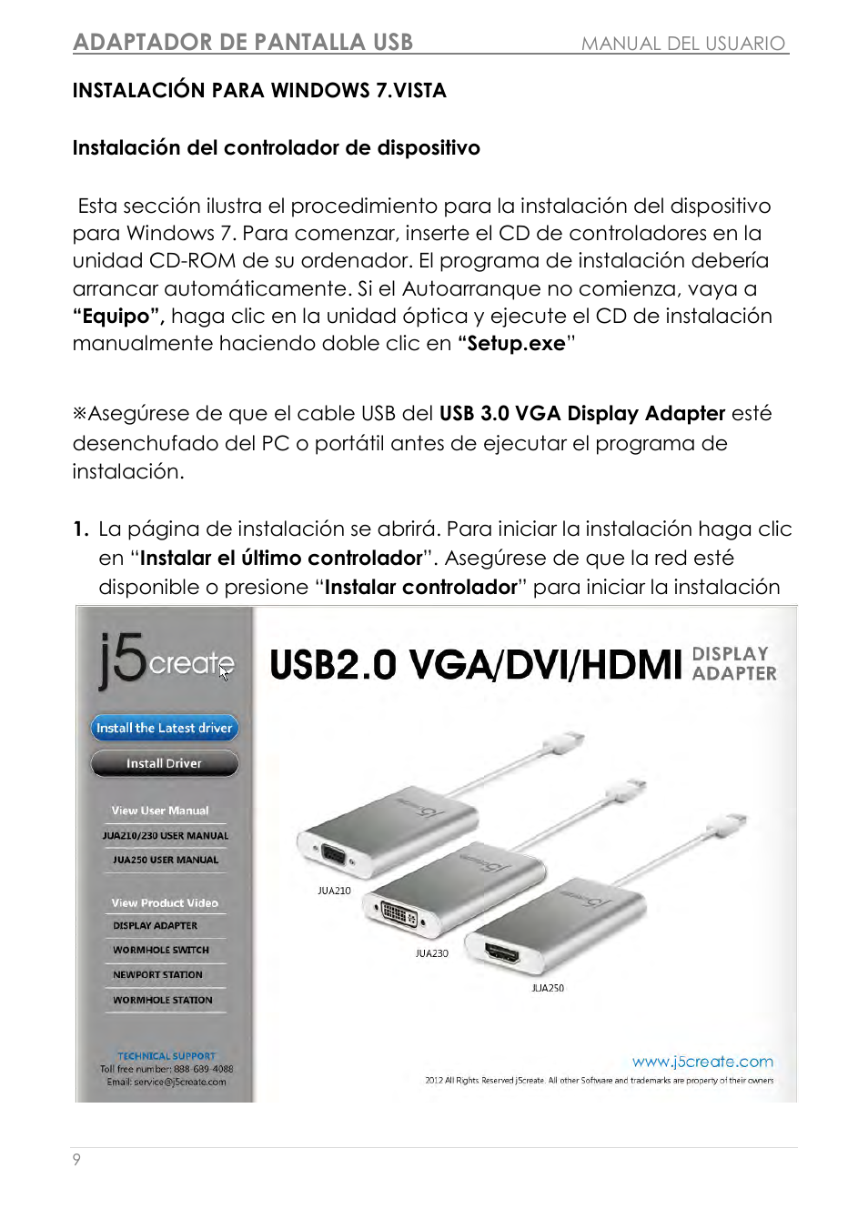 Instalación para windows 7.vista, Instalación del controlador de dispositivo, Adaptador de pantalla usb | j5 create JUA210 - USB 2.0 VGA Display Adapter User Manual | Page 196 / 444