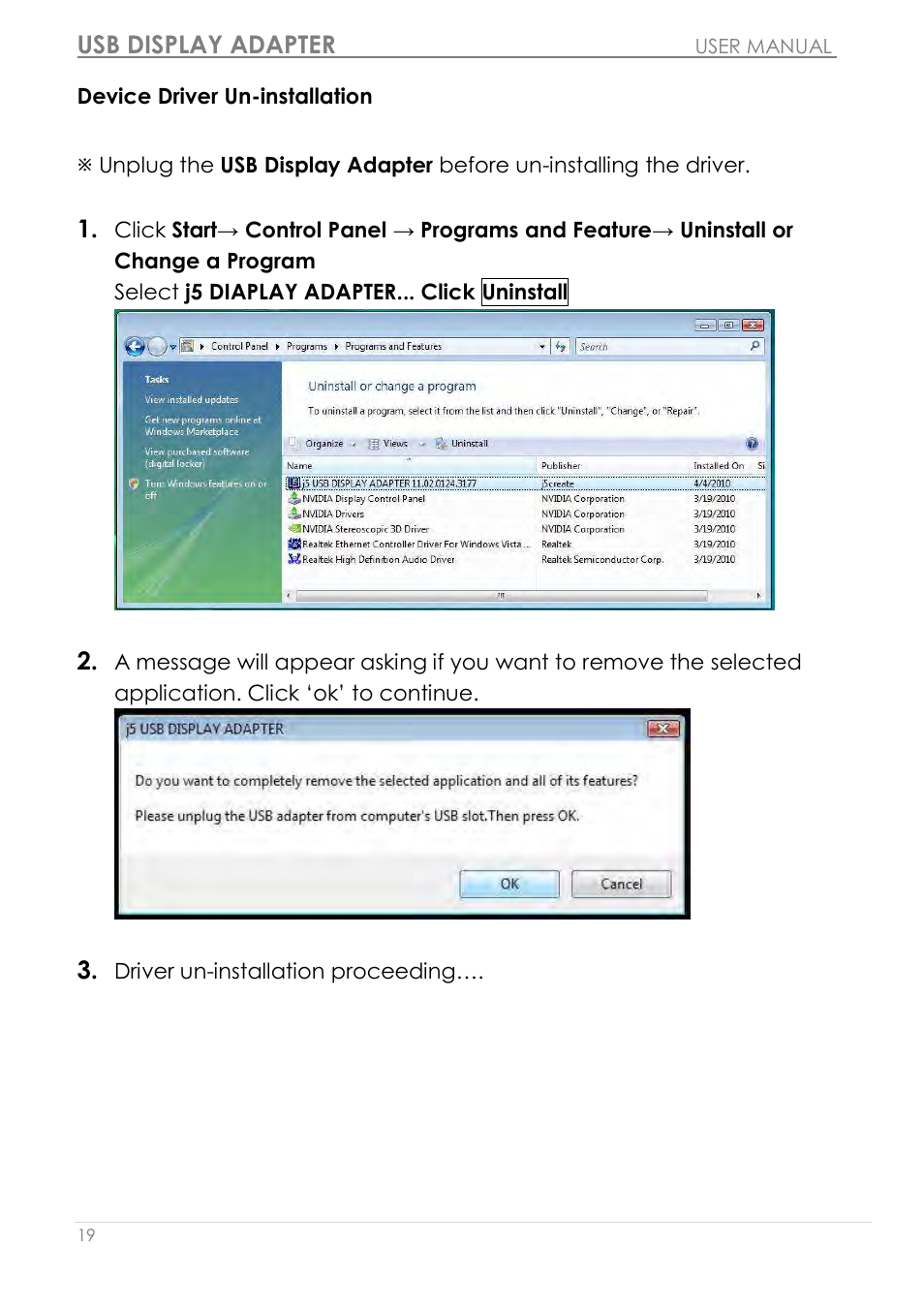 Device driver un-installation, Usb display adapter | j5 create JUA210 - USB 2.0 VGA Display Adapter User Manual | Page 20 / 444