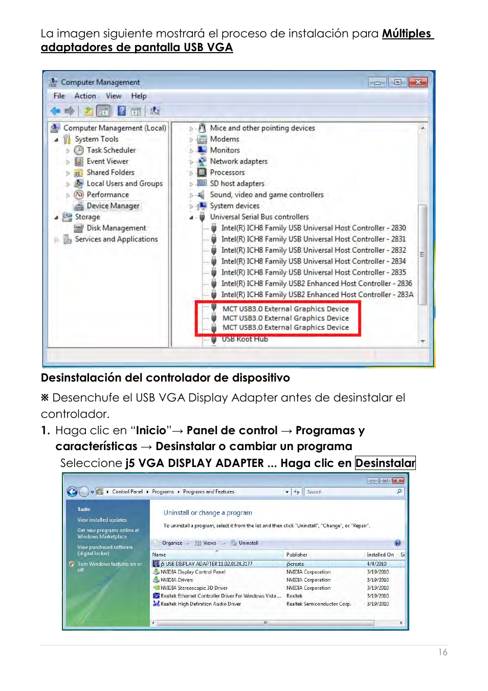 Desinstalación del controlador de dispositivo | j5 create JUA210 - USB 2.0 VGA Display Adapter User Manual | Page 203 / 444