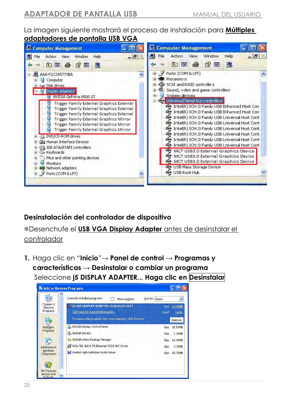 Desinstalación del controlador de dispositivo, Adaptador de pantalla usb | j5 create JUA210 - USB 2.0 VGA Display Adapter User Manual | Page 212 / 444