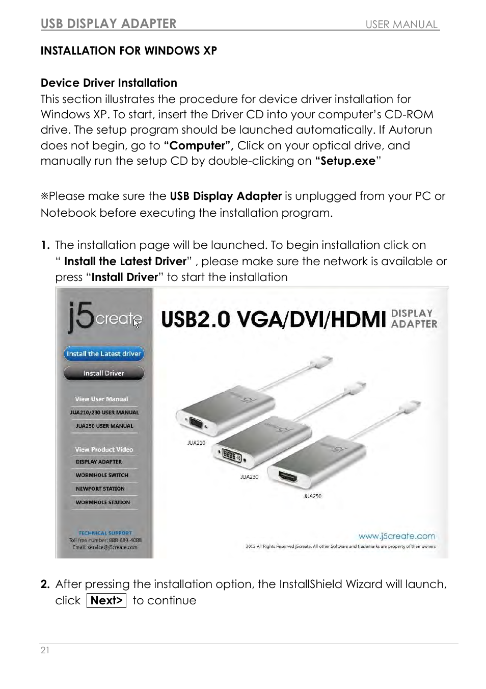 Installation for windows xp, Device driver installation, Usb display adapter | j5 create JUA210 - USB 2.0 VGA Display Adapter User Manual | Page 22 / 444