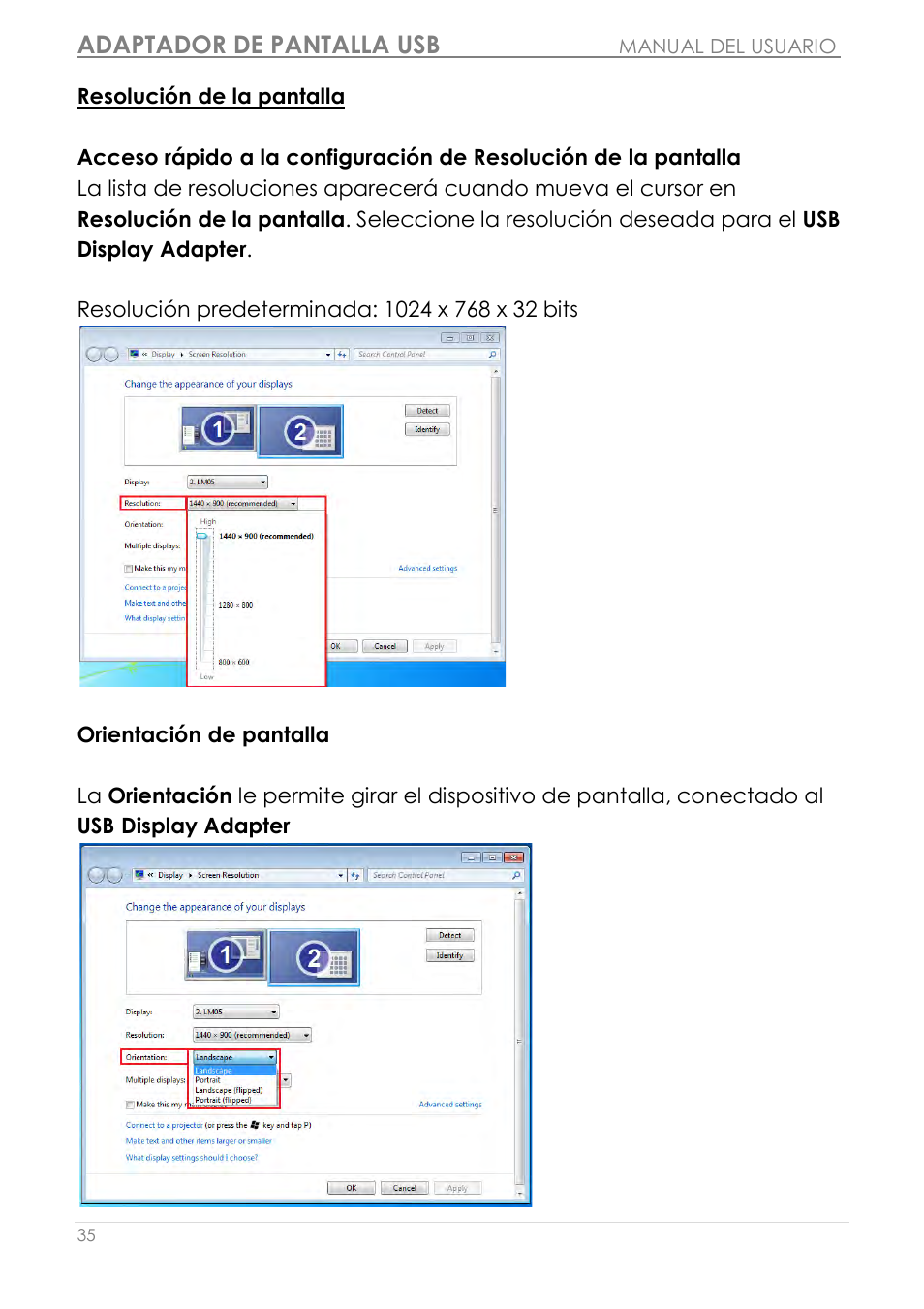 Resolución de la pantalla, Orientación de pantalla, Adaptador de pantalla usb | j5 create JUA210 - USB 2.0 VGA Display Adapter User Manual | Page 222 / 444