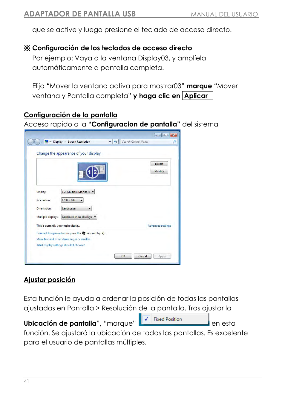 Configuración de la pantalla, Ajustar posición, Adaptador de pantalla usb | j5 create JUA210 - USB 2.0 VGA Display Adapter User Manual | Page 228 / 444